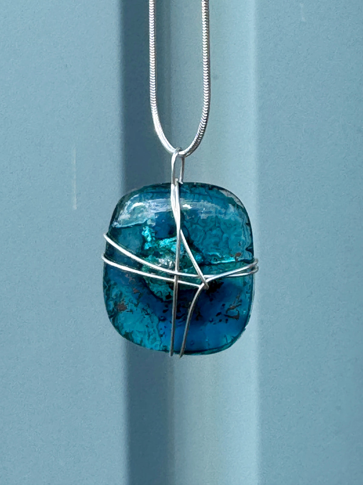 Teal Wire Wrapped Fused Glass Pendant