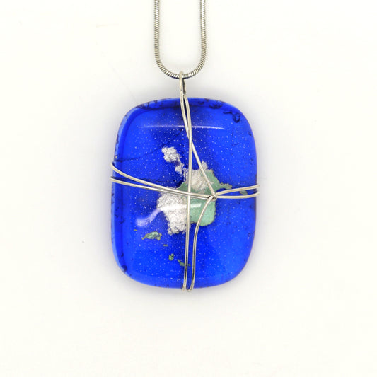 Cobalt Blue Wire Wrapped Fused Glass Pendant