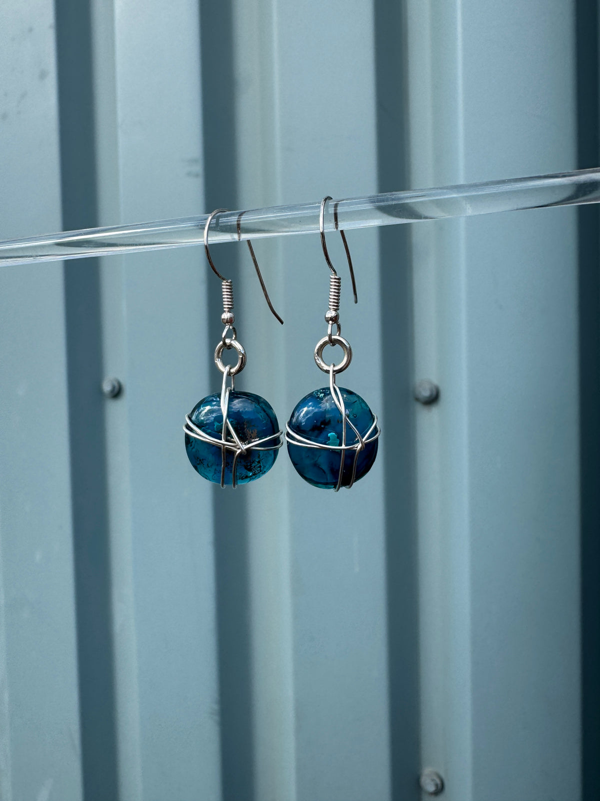Teal Wire Wrapped Fused Glass Earrings