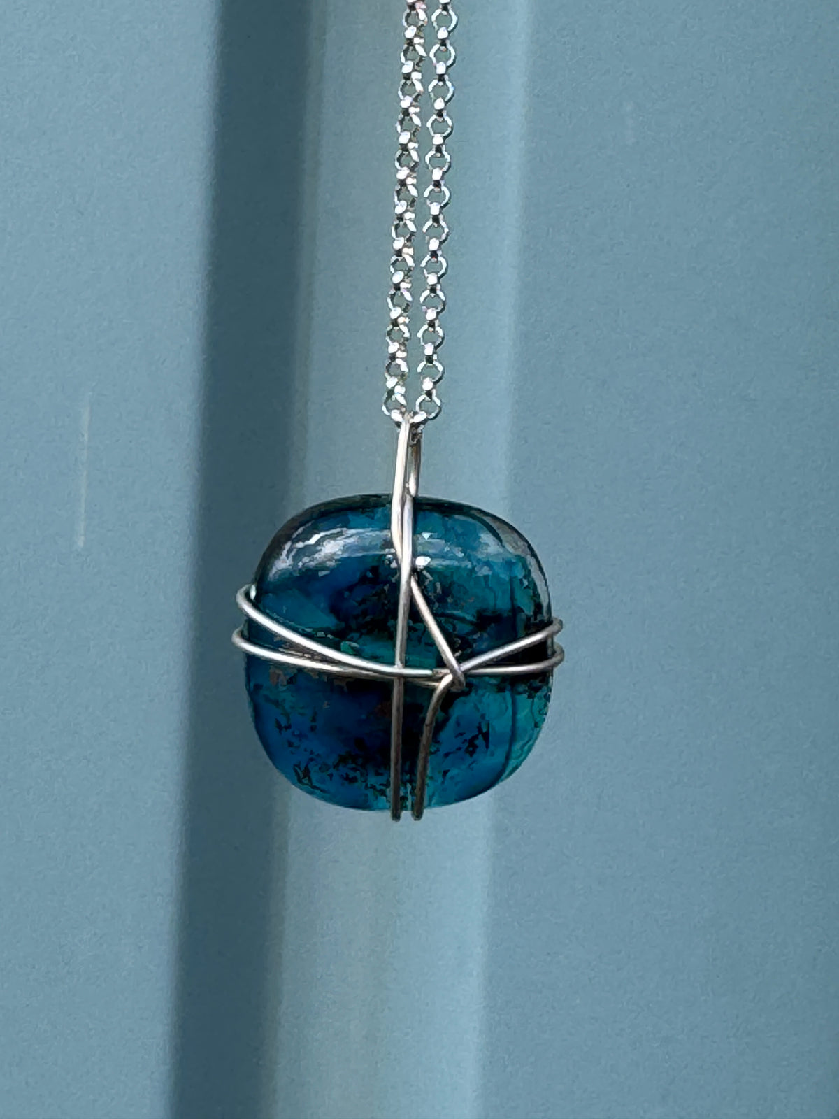 Deep Teal Wire Wrapped Fused Glass Pendant