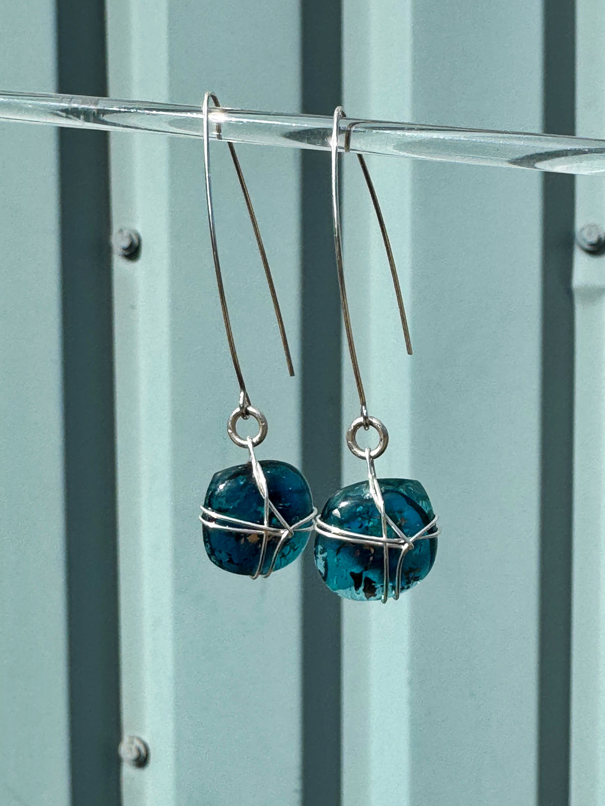 Teal Long Drop Glass Earrings