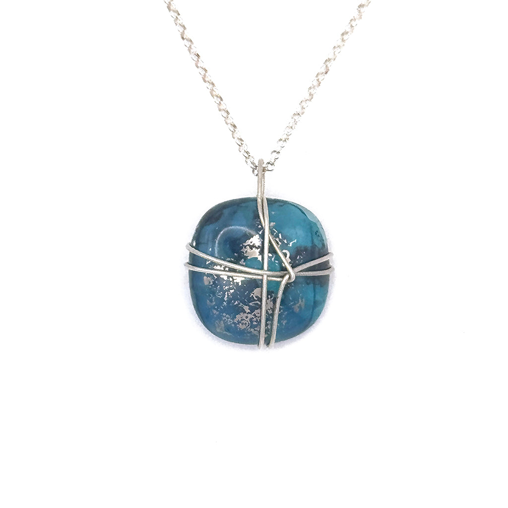 Deep Teal Wire Wrapped Fused Glass Pendant