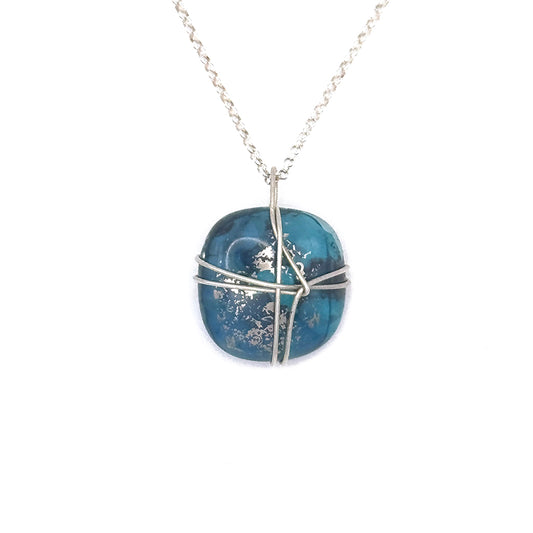 Deep Teal Wire Wrapped Fused Glass Pendant