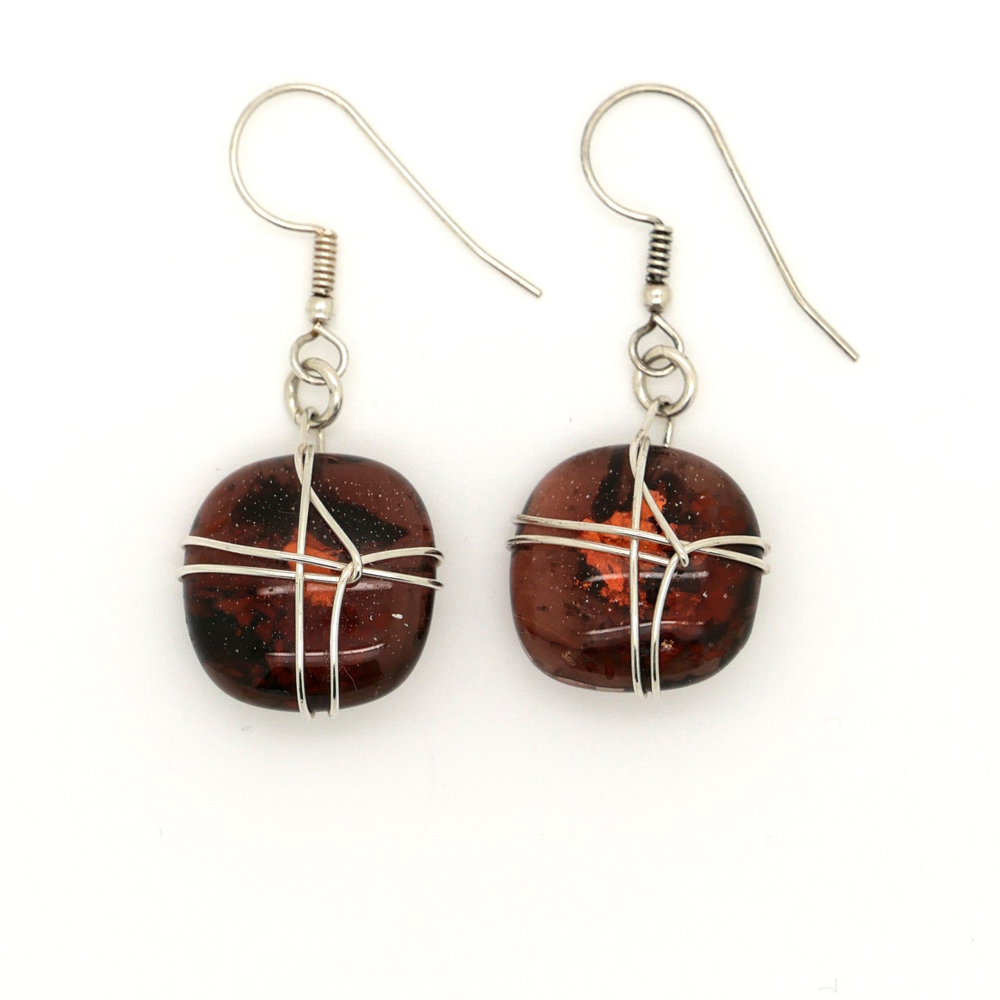 Brown Wire Wrapped Fused Glass Earrings