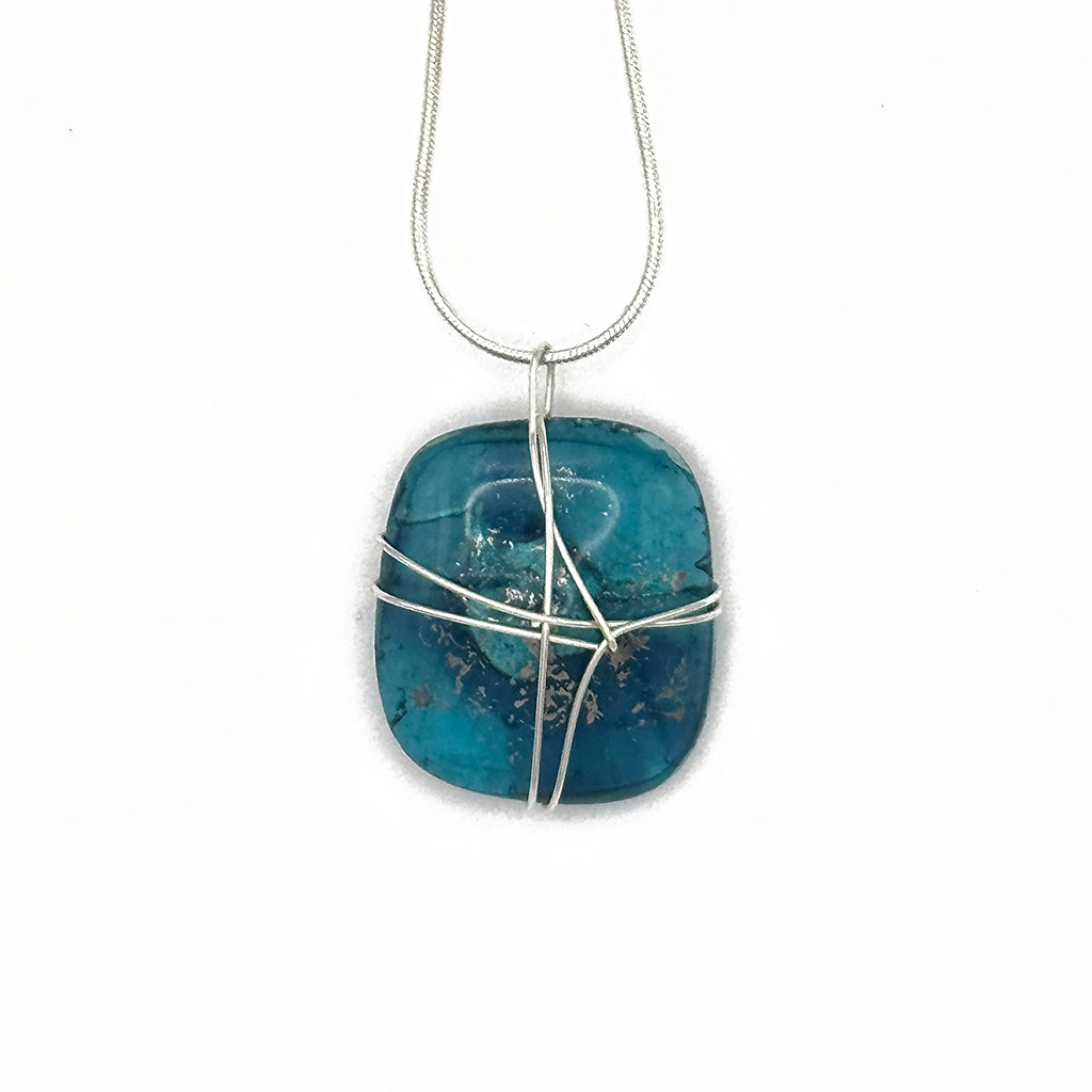 Teal Wire Wrapped Fused Glass Pendant