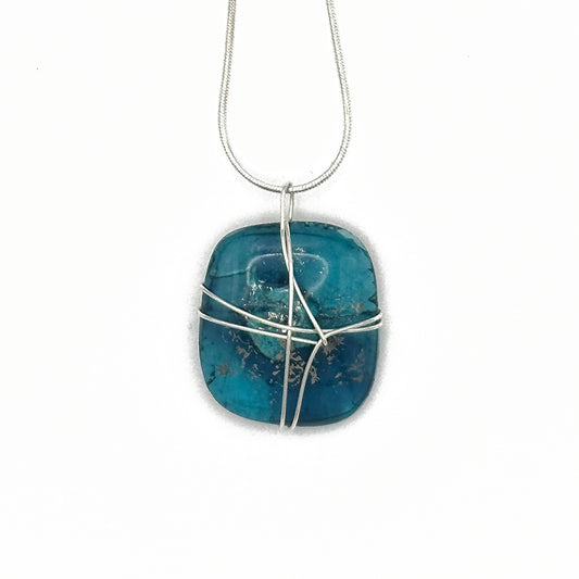 Teal Wire Wrapped Fused Glass Pendant
