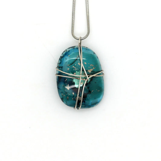 Teal Wire Wrapped Fused Glass Pendant