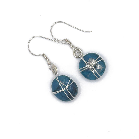 Teal Wire Wrapped Fused Glass Earrings