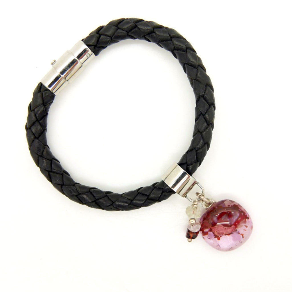 Pink Glass Charm Leather Bracelet